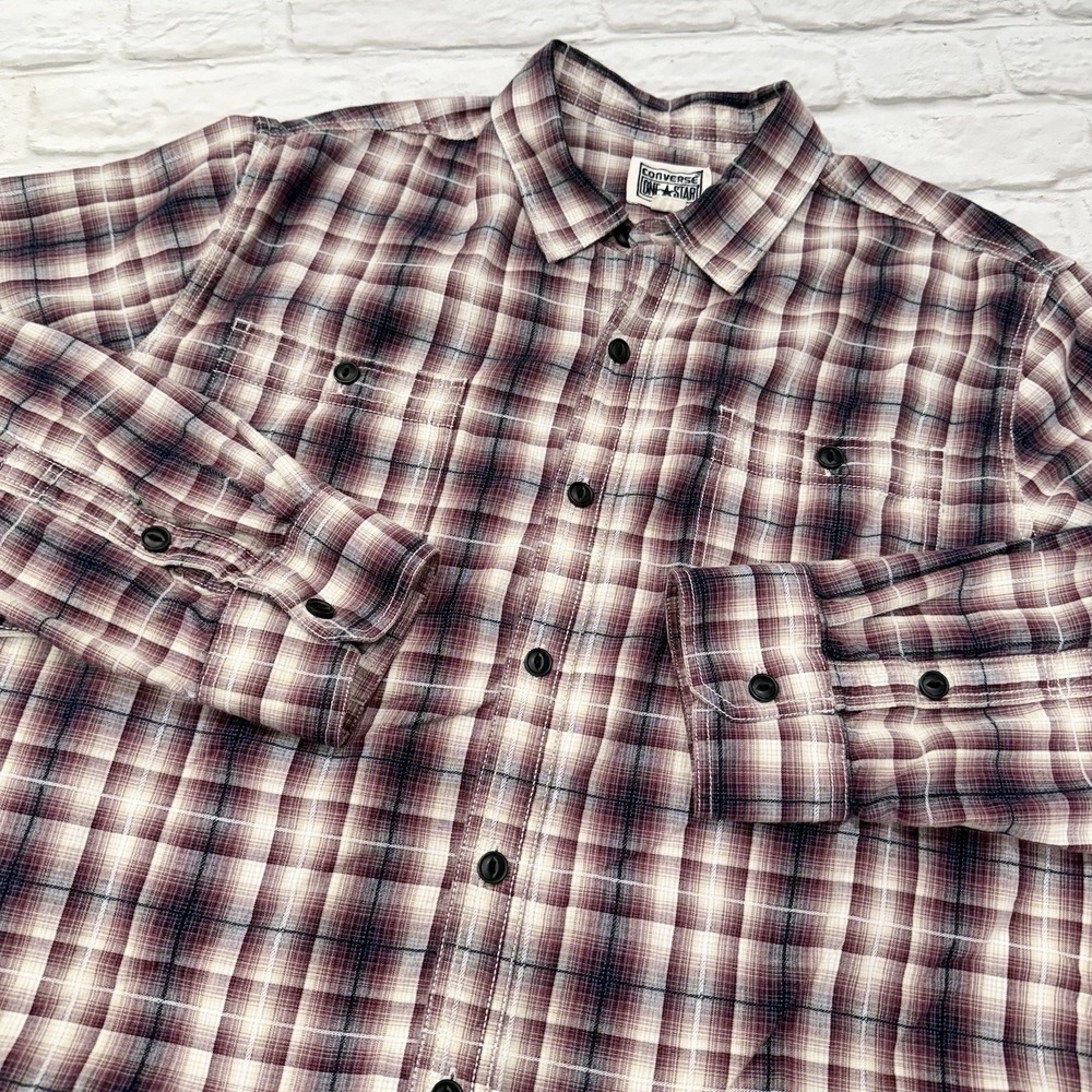 Converse One Star Shirt Mens XL Button Up Plaid Burgundy Black Retro Grunge Y2K